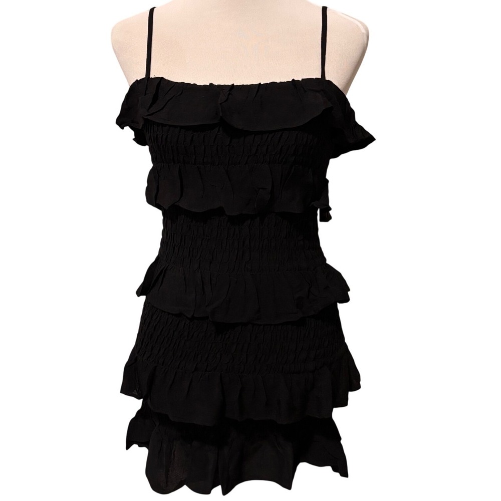 Olivaceous Mini Dress Women Medium Black Tiered Ruffle Smocked